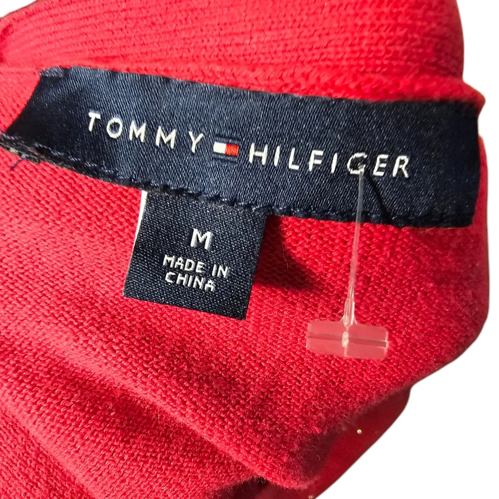 Tommy Hilfiger Women Red V-Neck Sweater with Studded Design Size M